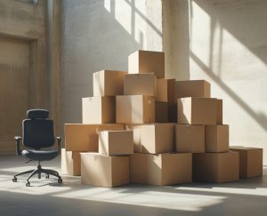 Tas de caisses de déménagement dans une entreprise